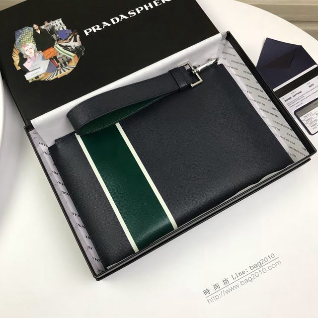 prada手包 普拉達新款皮革手拿包 2NH005 PRADA十字紋牛皮黑+綠手拿包  pyd2244